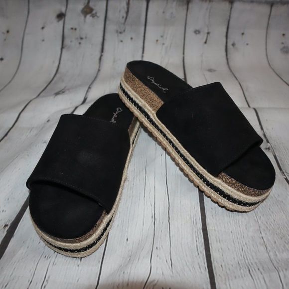 Qupid Meagan Black Open Toe Espadrille Cork Slide Platform Sandal Women's Size 7 - Picture 2 of 6